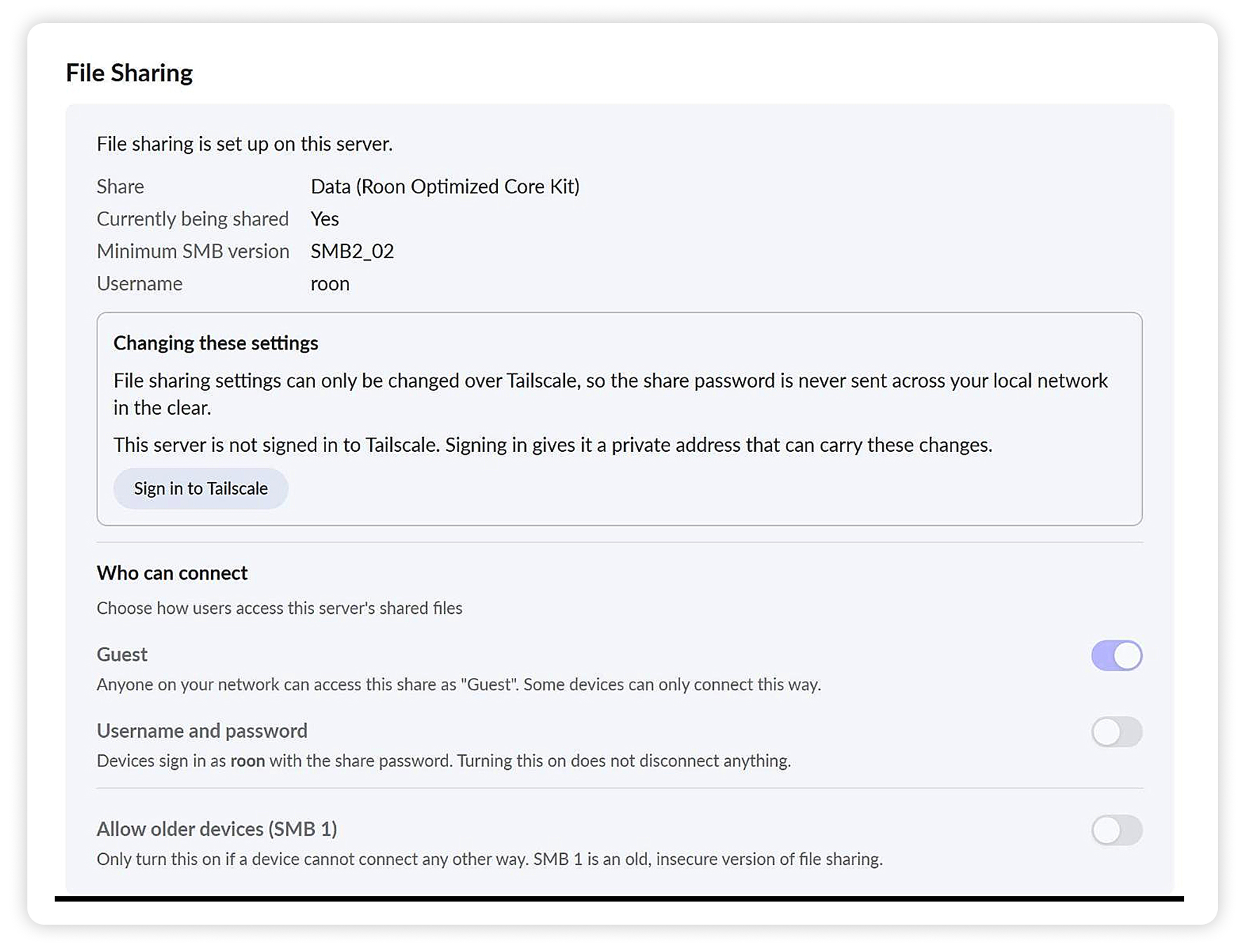 The File Sharing section on the Network and Access tab, showing the share details and the Who can connect options