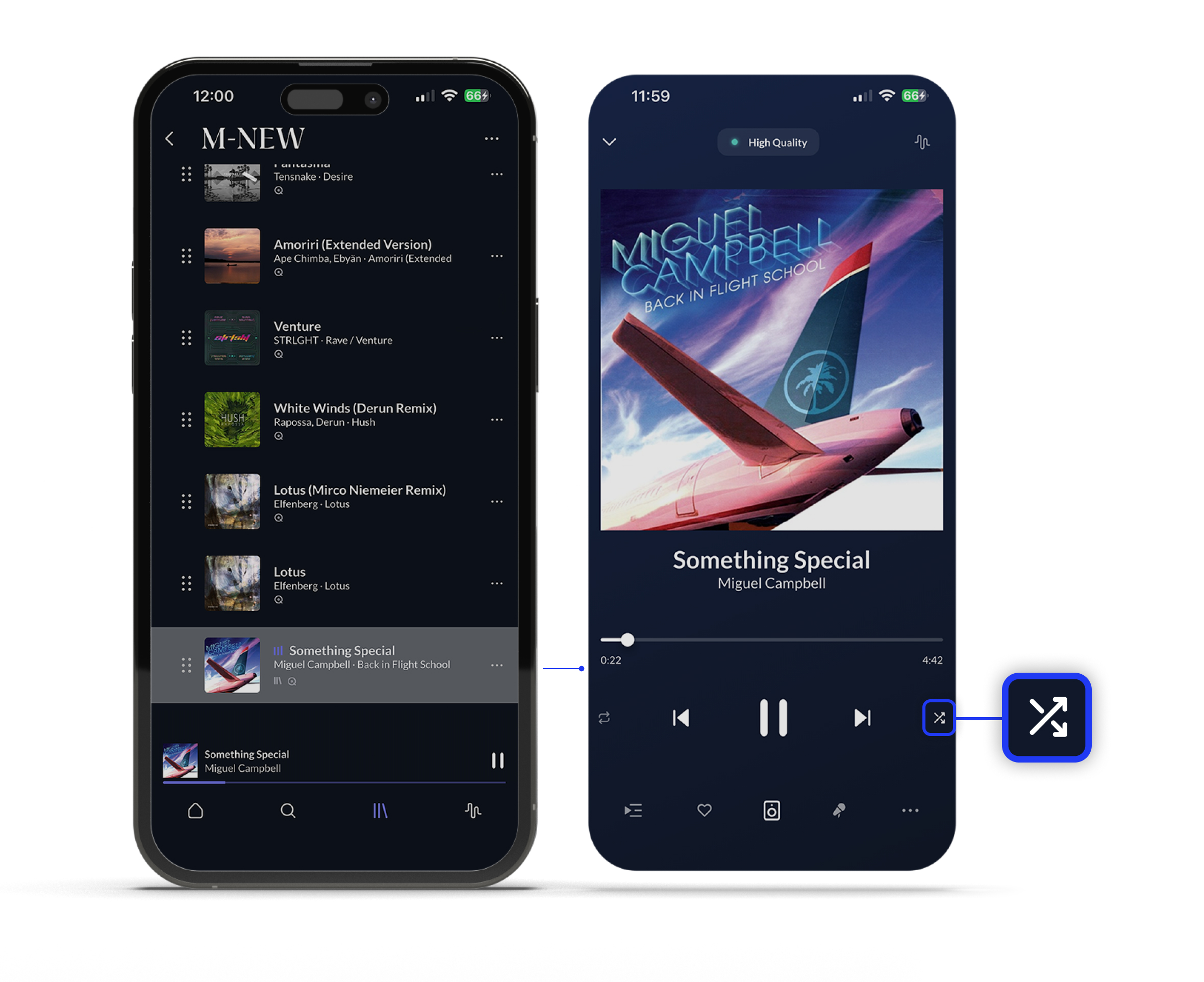 The Roon ARC Now Playing screen with the Shuffle toggle highlighted