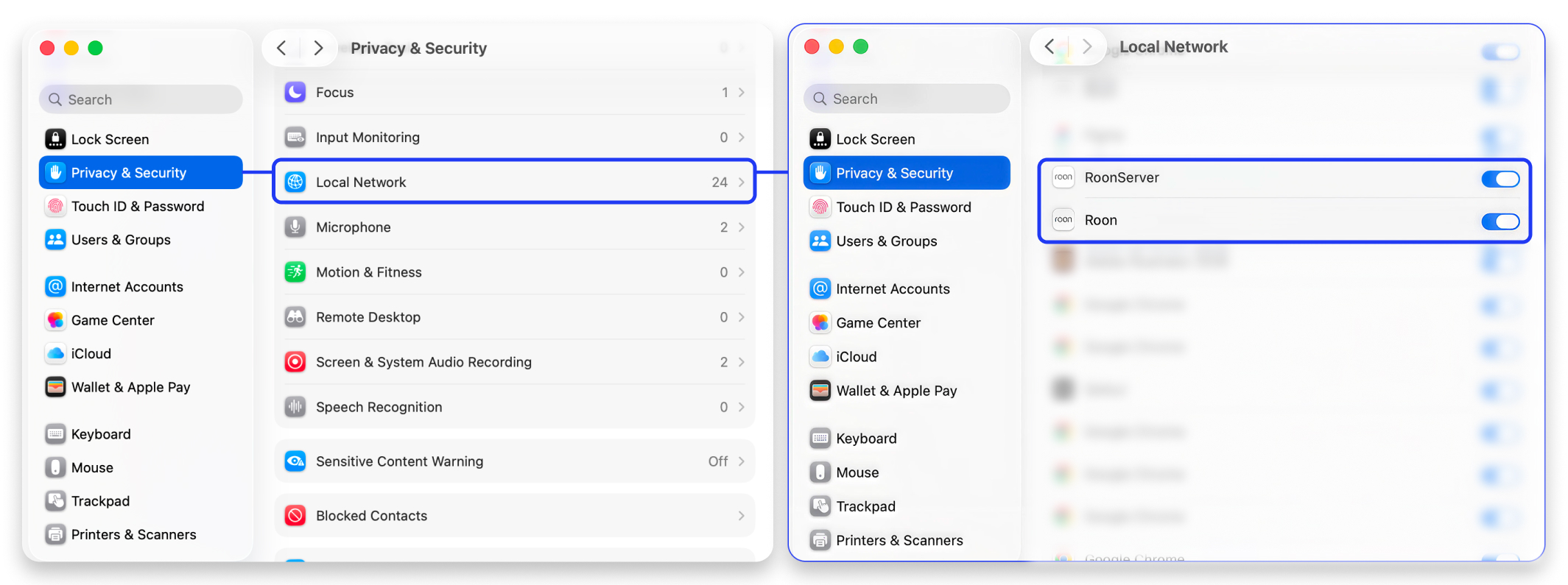 System Settings Privacy and Security Local Network panel showing Roon and Roon Server toggles