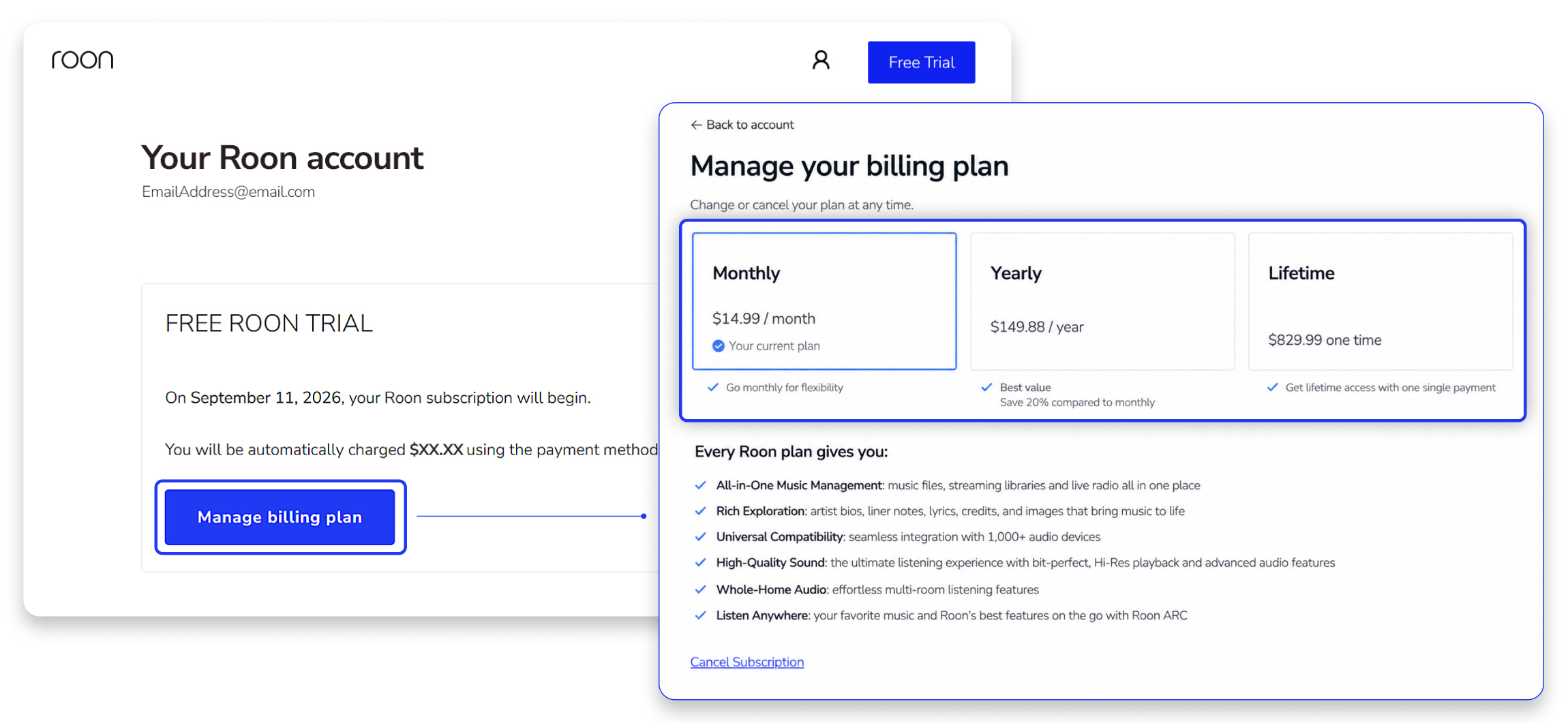 Roon account page showing the Manage Billing Plan button, leading to the plan selection screen