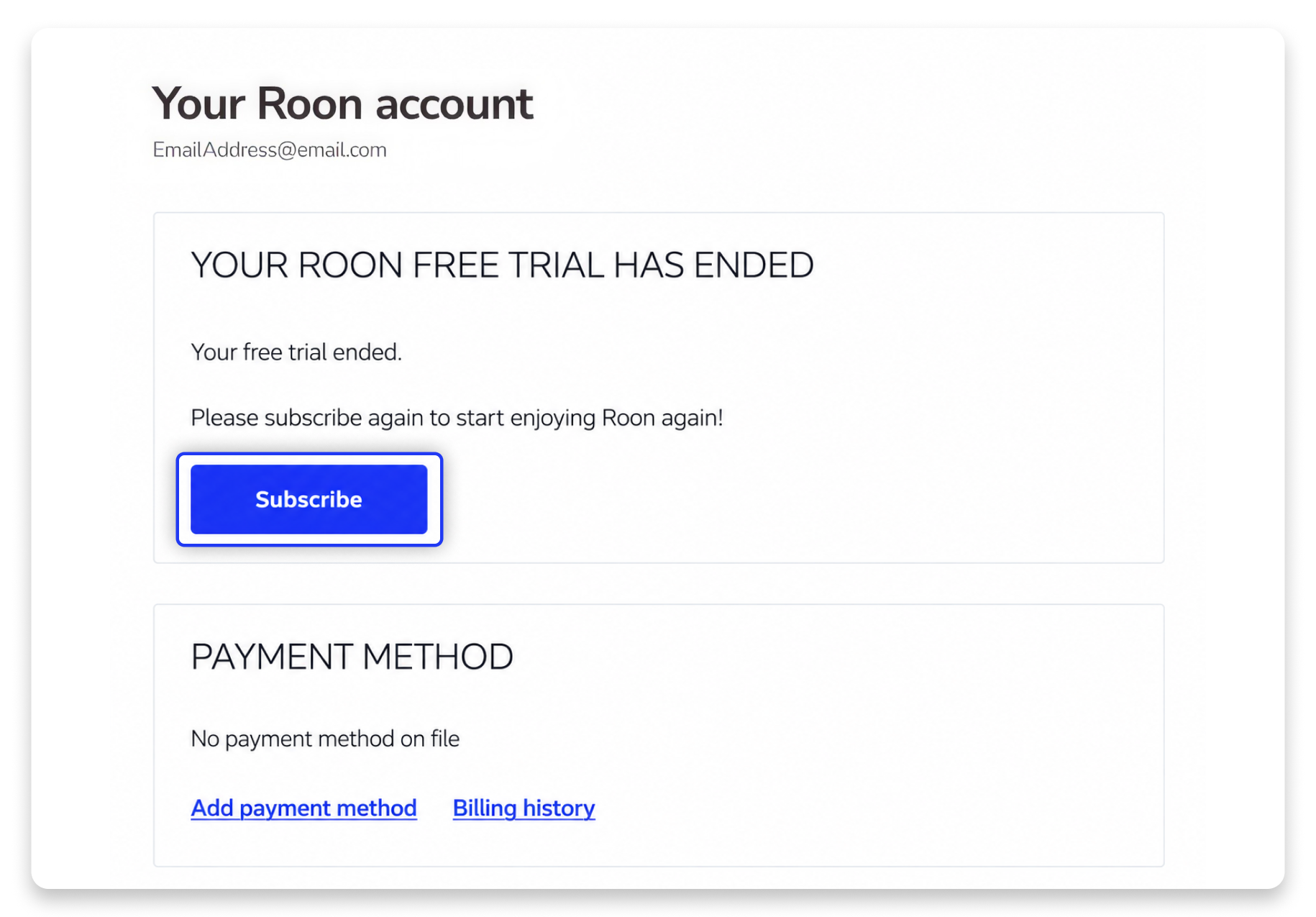 Account page showing a free trial has ended with a Subscribe button
