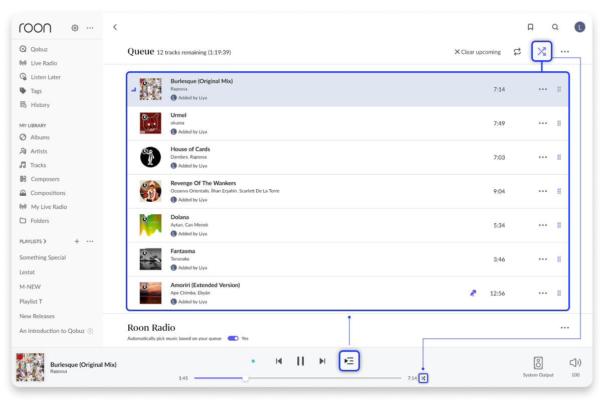 The Roon queue screen with the Shuffle button highlighted at the top of the queue next to the Loop button, and the small Shuffle icon highlighted next to the track time in the bottom bar