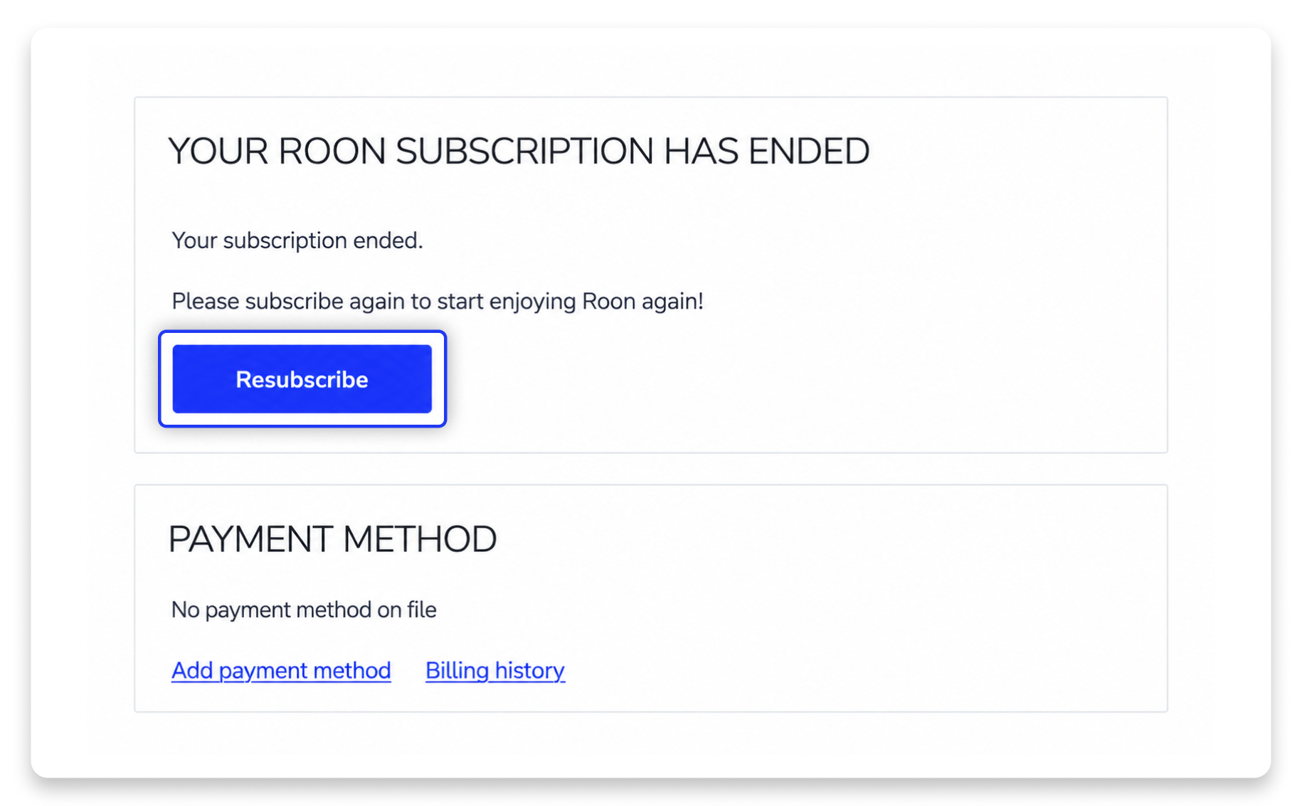 Account page showing a subscription has ended with a Resubscribe button