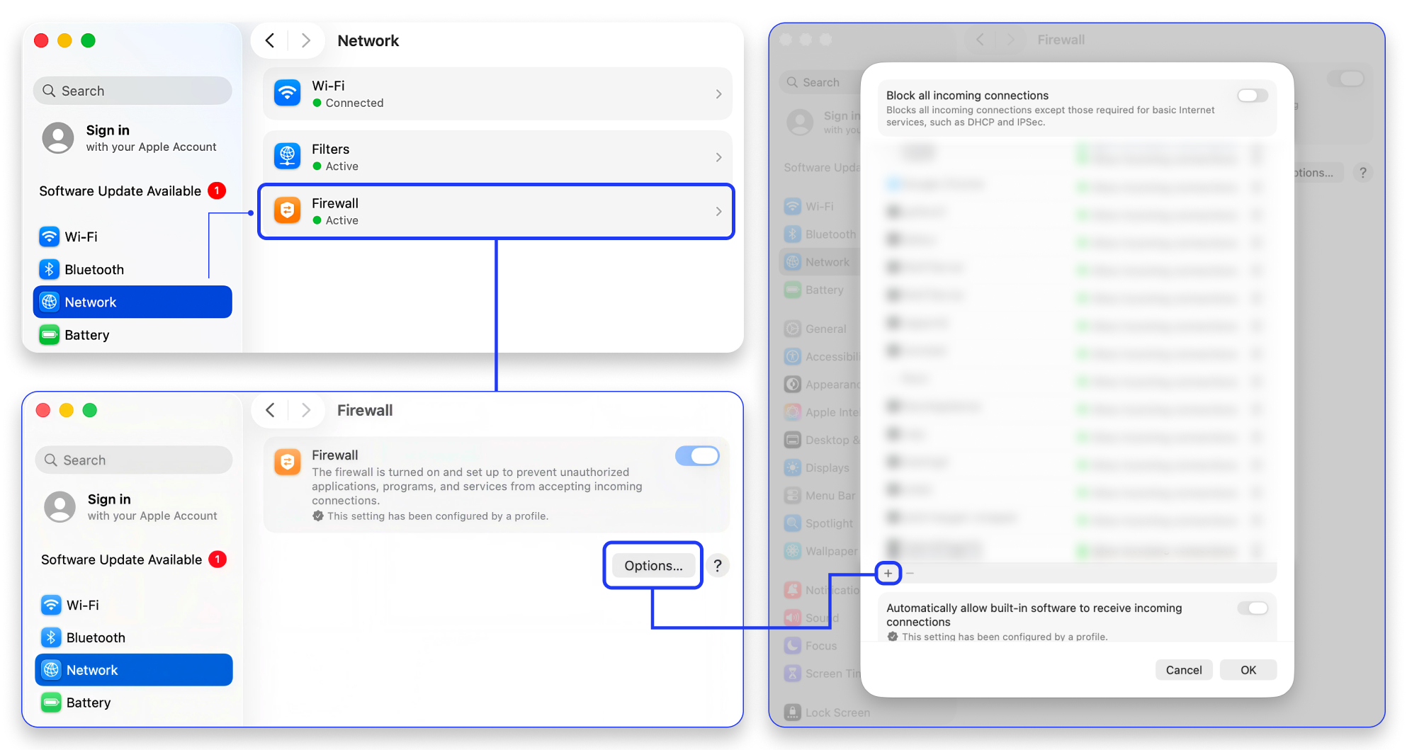 macOS Firewall Options pane showing Roon added as an allowed app.