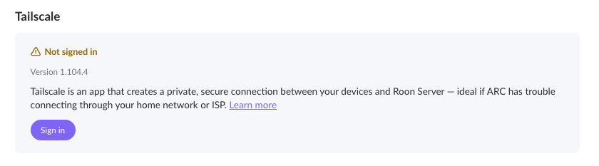 The Tailscale section on the Network and Access tab, showing Not signed in with the Sign in button