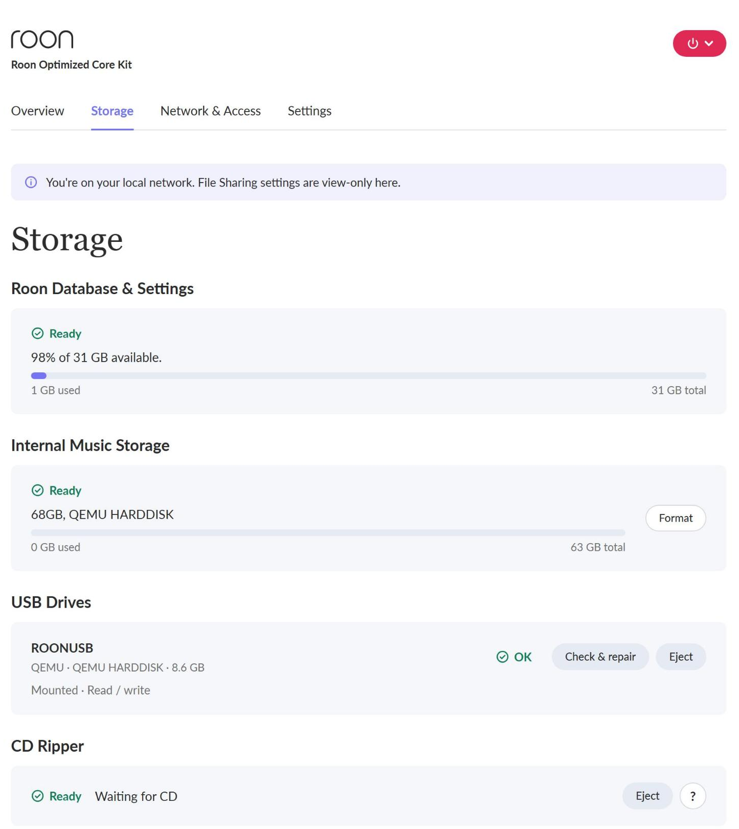 The Storage tab in the RoonOS Web Administration Interface, showing a newly installed drive under Internal Music Storage as Unavailable, with the Format button