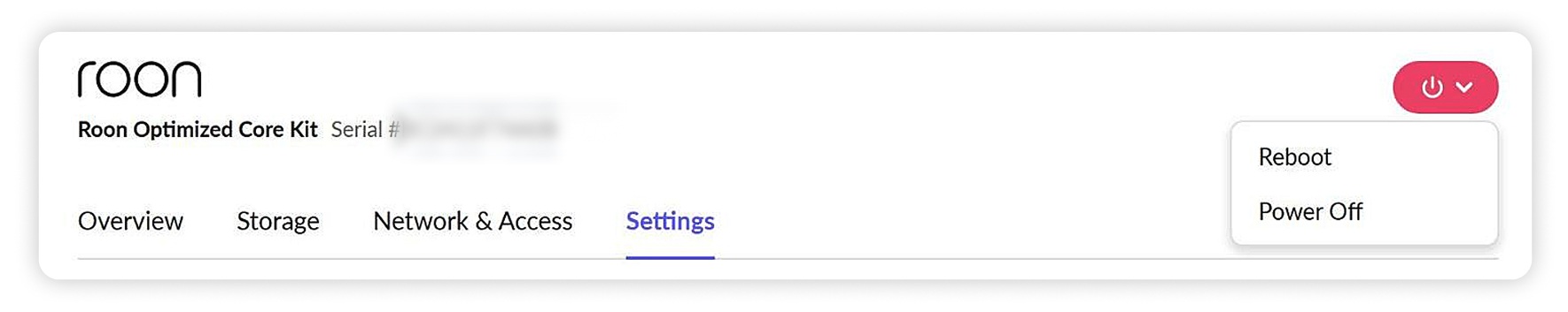 The RoonOS 3.0 Web UI header with the Power menu open, showing Reboot and Power Off
