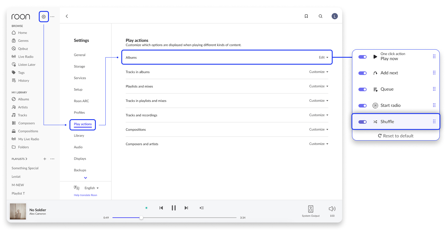 Roon Settings, Play actions page, showing the Albums options with Shuffle turned on