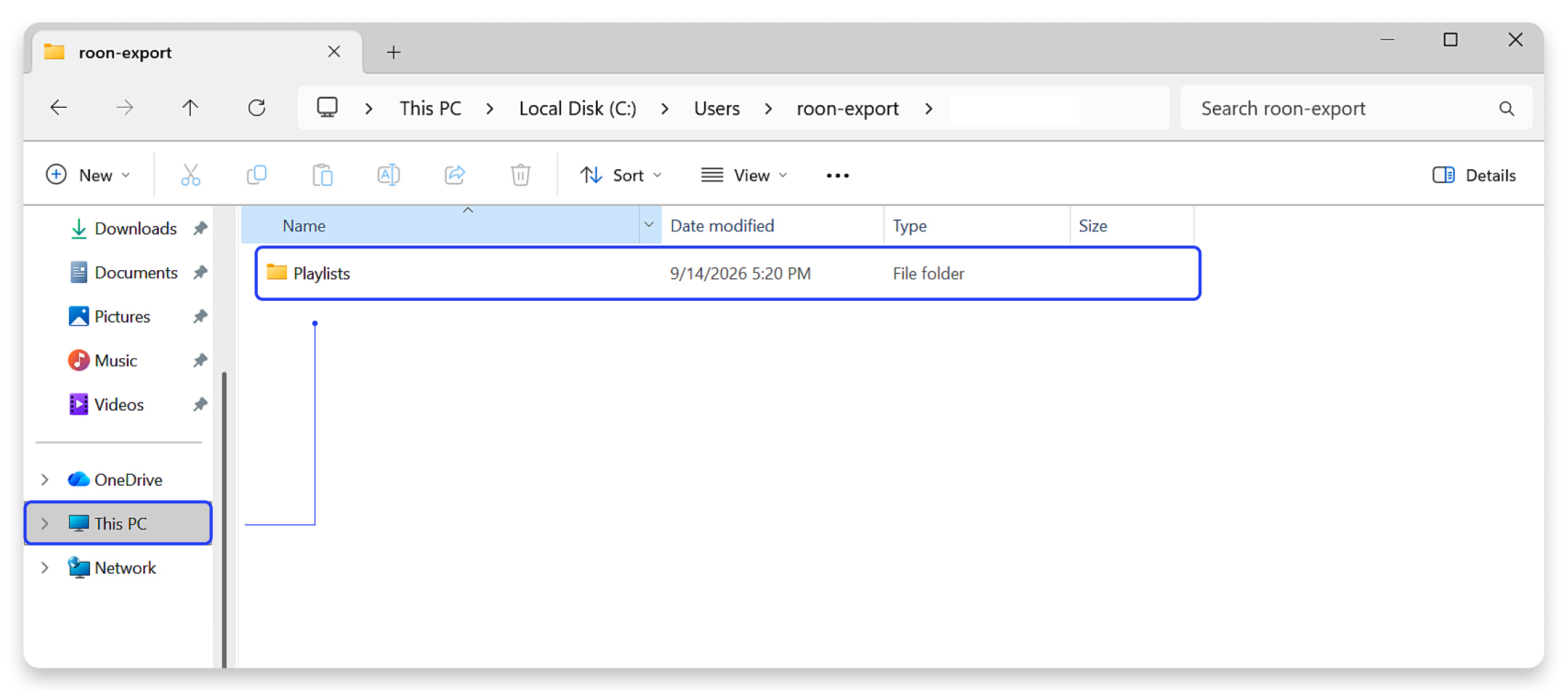 Destination folder showing artist and album subfolders for the exported tracks, alongside the Playlists subfolder created during M3U export.