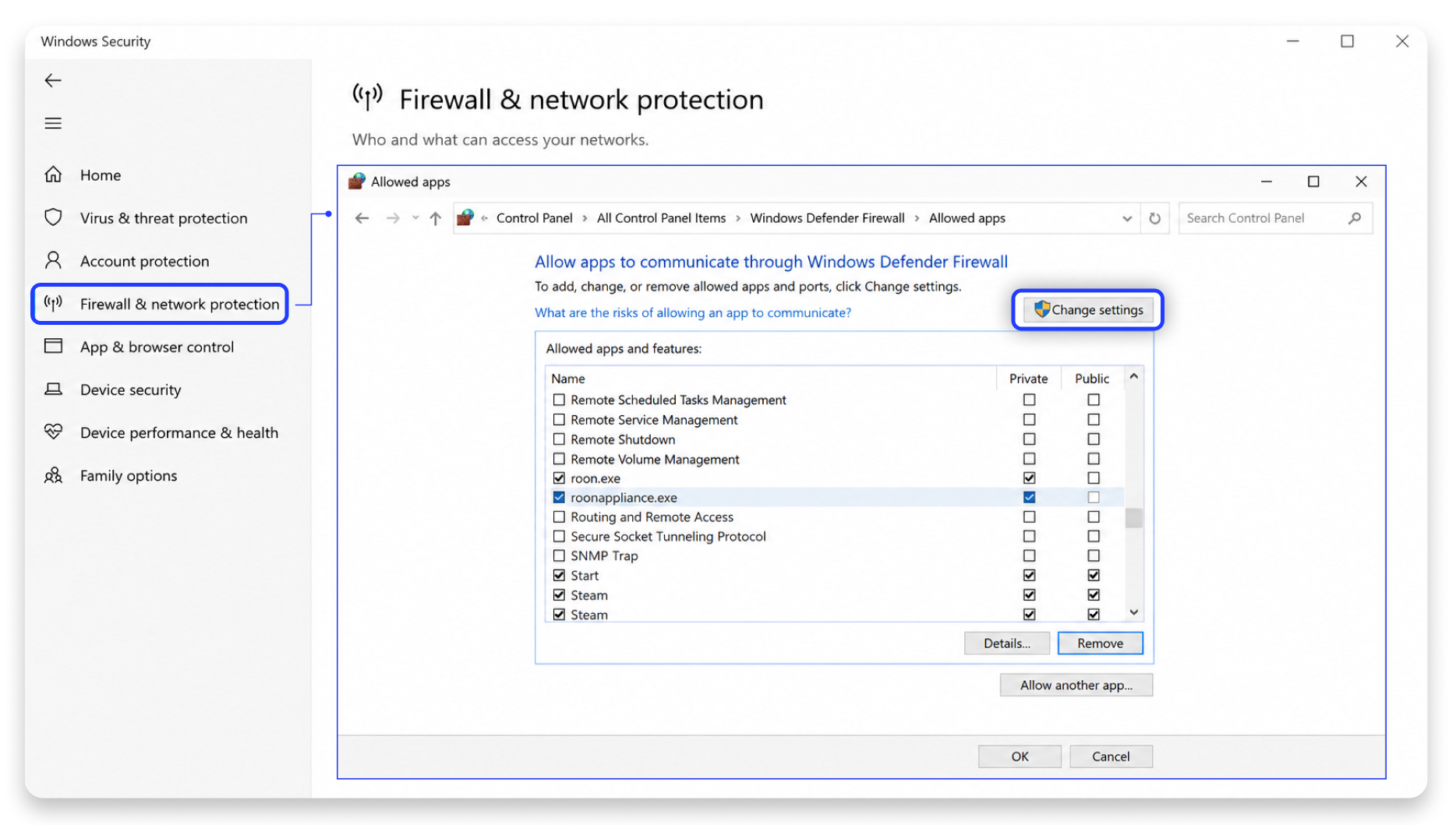 Windows Firewall dialog showing Roon added as an allowed app on a Private network.