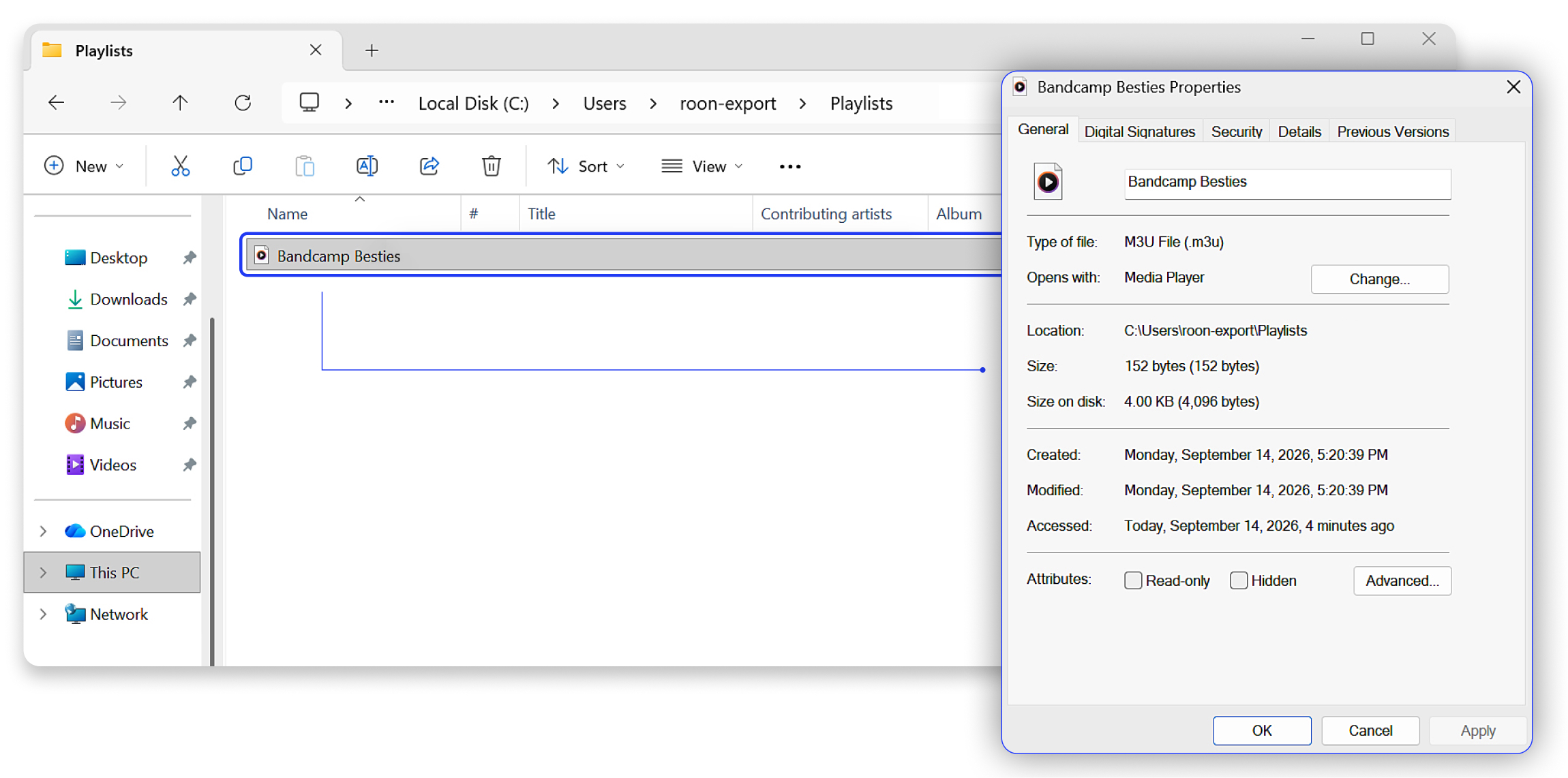 Playlists subfolder expanded, showing the M3U file created during export.