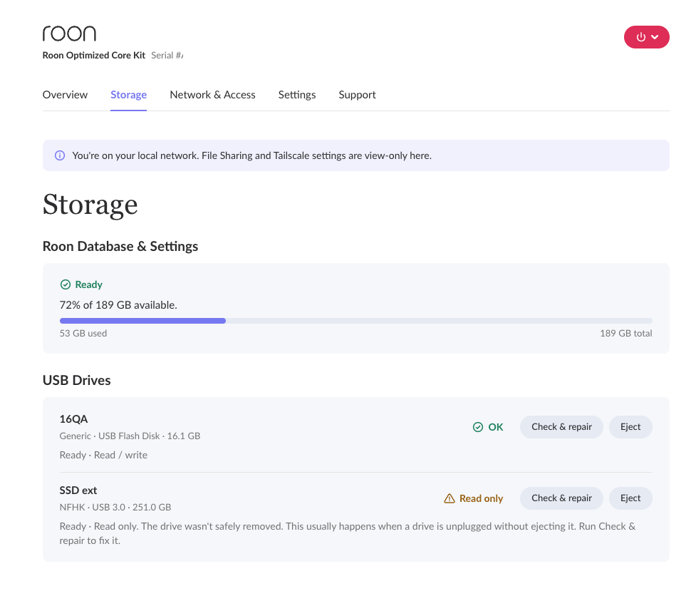 The Storage tab showing Roon Database and Settings, and two USB drives, one OK and one Read only