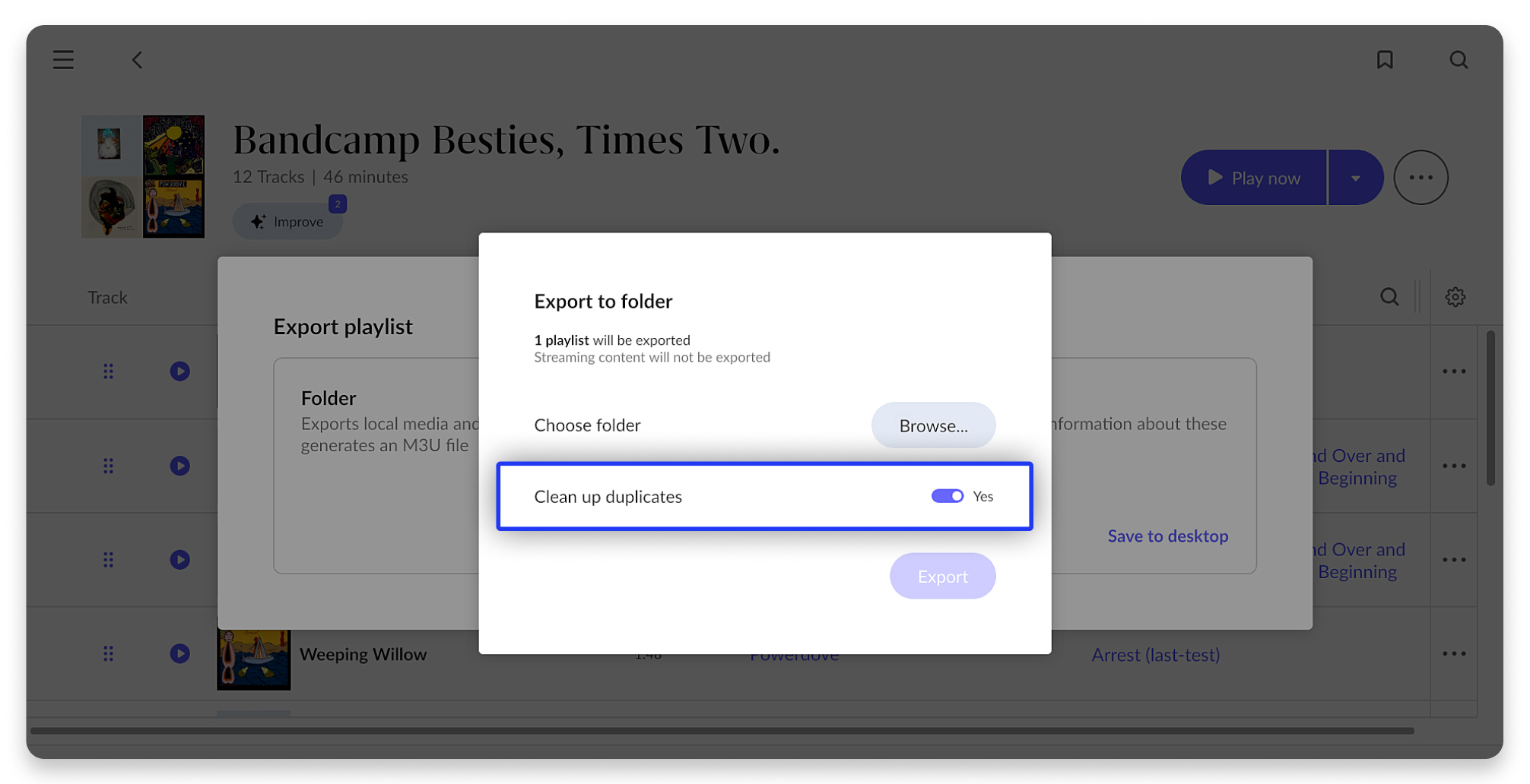 Export to folder window with the Clean up duplicates toggle turned on.