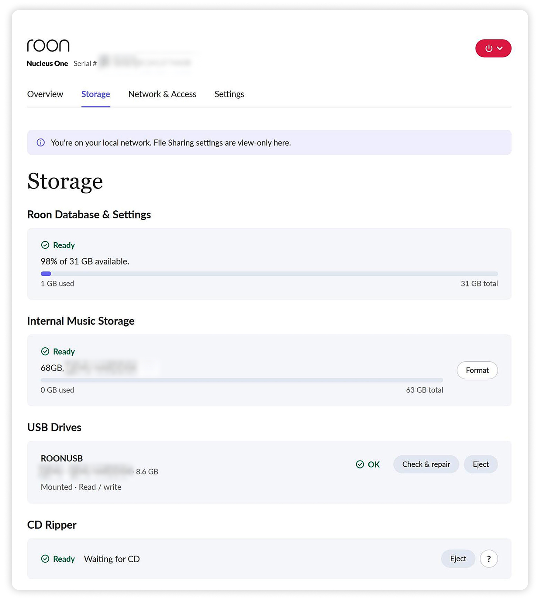 The Storage tab in the Nucleus Web Administration Interface, showing Internal Music Storage as Ready with the drive's capacity, model, and usage bar