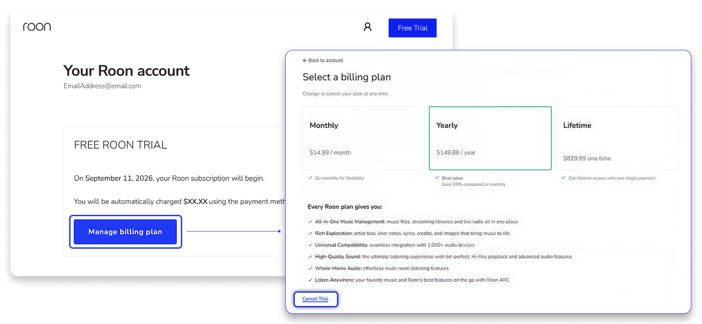 Roon account page with the Manage billing plan button highlighted, leading to the Select a billing plan page with the Cancel Trial button highlighted