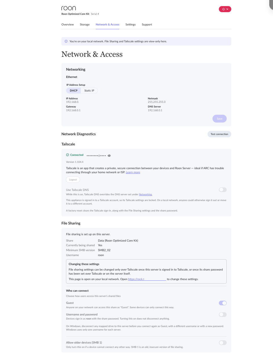 The Network and Access tab showing Networking, Network Diagnostics, Tailscale, and File Sharing