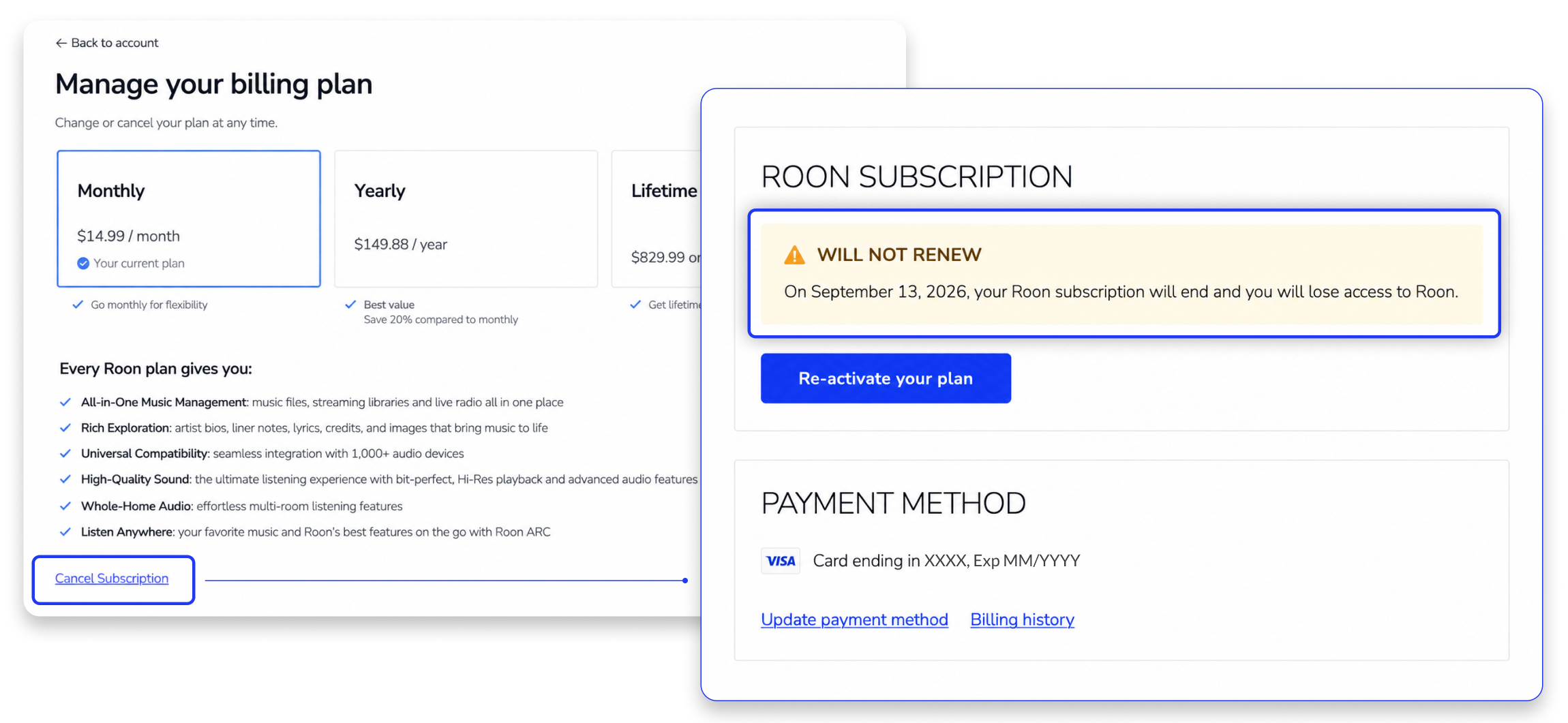 Account page showing a subscription set to end, with a Re-activate your plan button