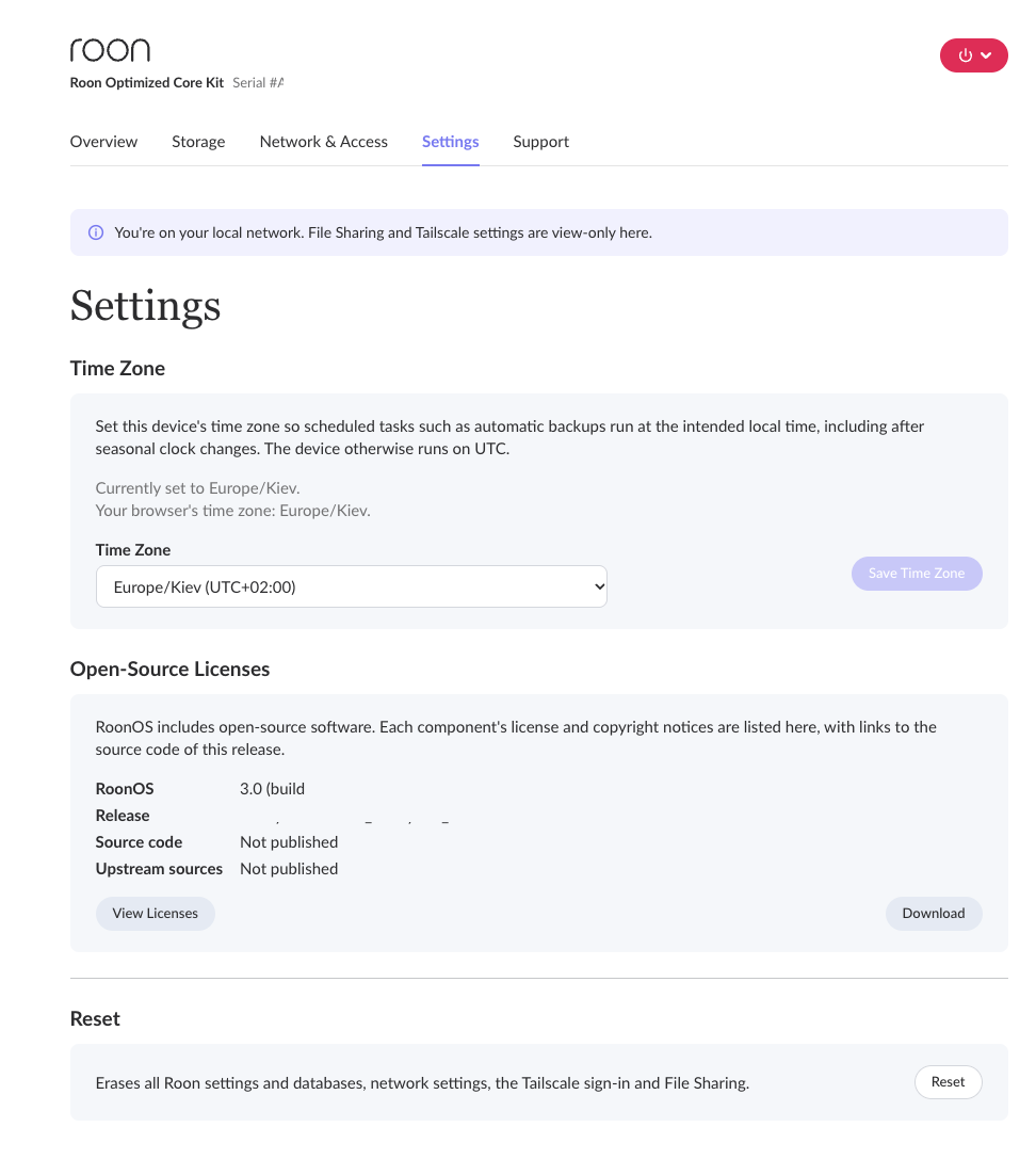 The Settings tab showing Time Zone, Open-Source Licenses, and Reset