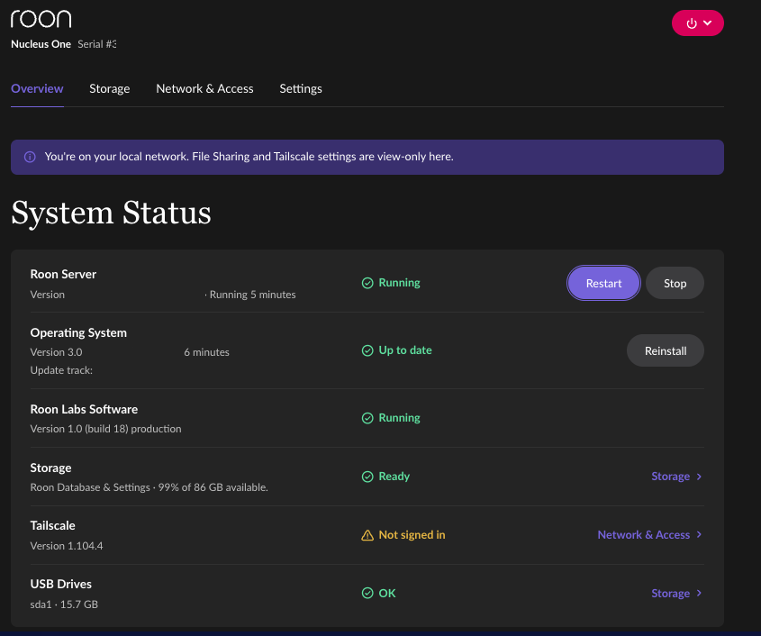 The Overview tab in the RoonOS 3.0 Web Administration Interface, showing the Operating System row with its version, update track, and Reinstall button