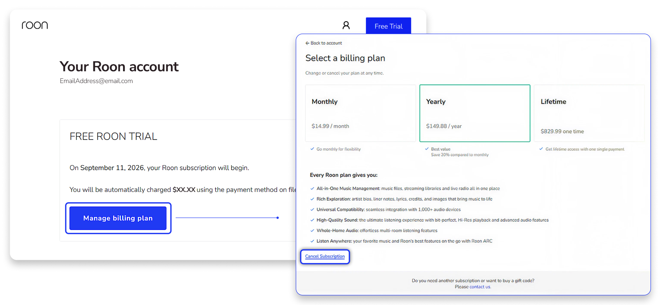 Roon account page with the Manage billing plan button highlighted, leading to the Manage your billing plan page with the Cancel Subscription button highlighted